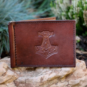 THOR&#39;S HAMMER , Ledergeldbörse Mjölnir Mjollnir nordischen Wikinger Pagan Asatru braun geprägte Dollar Geldbörse Tasche Münzen