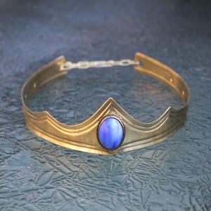 Brass Royal Crown Tiara - Blue Glass