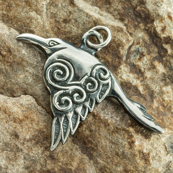 Celtic Raven SILVER Pendant Corvus Bird Pagan Jewel Spiral Crow Menhir Symbol Irish Newgrange