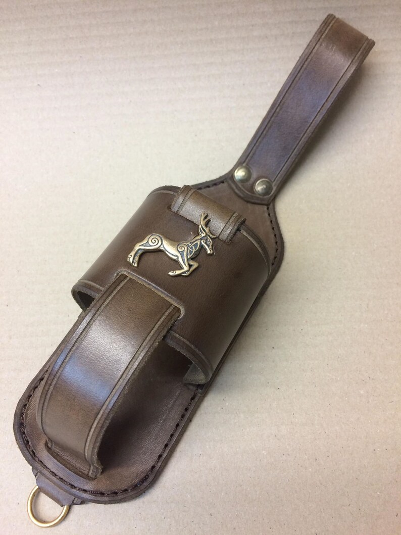 Brown Leather DRINK HOLDER for Belts With Celtic Deer Stag for Etsy