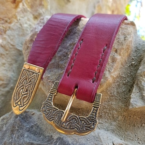 VIKING BELT Reproduction Gokstad Red Leather Bronze Norway Vikings Ragnar Rollo Oseberg Style Period Costume Historical Medieval LARP Sca