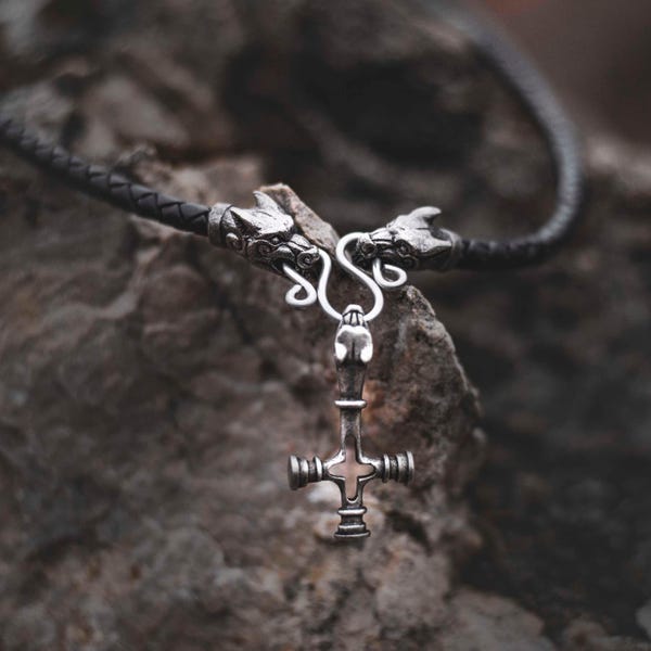 Icelandic Wolf Cross Necklace with Leather Bolo