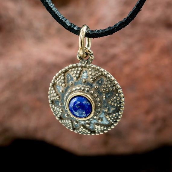 Roman ISOLDA Lapis Lazuli Bronze Pendant Charm Necklace Ancient
