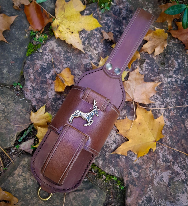 Brown Leather DRINK HOLDER for Belts With Celtic Deer Stag for Etsy