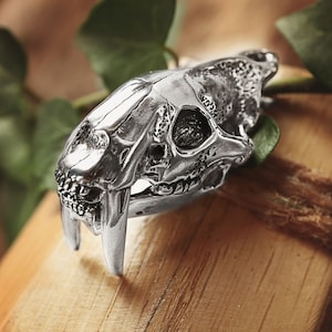 Sabertooth Tiger Silver Pendant Smilodon Cat Necklace Solid Metal Rocker Fashion Skull Mammal Prehistory
