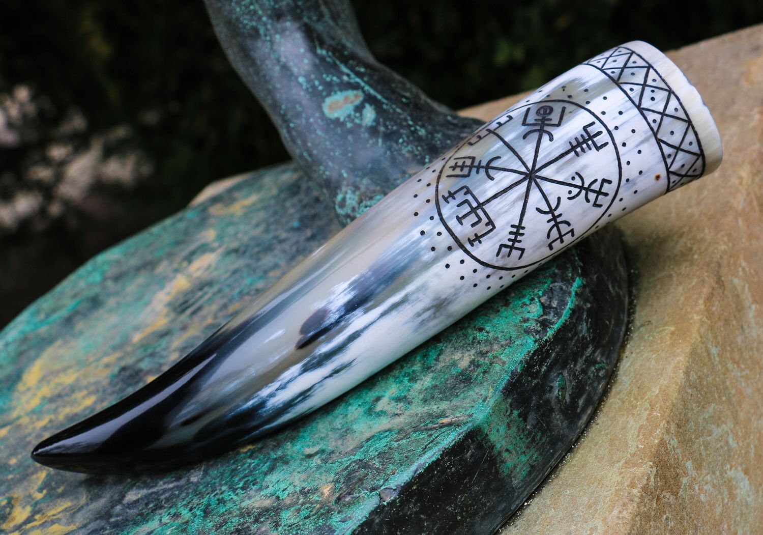 Vegvísir, Viking Drinking Horn Iceland Compass Navigation Drinkware Norse Carved Handmade