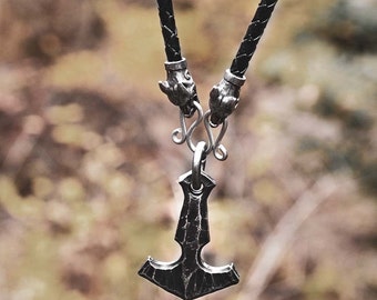 MJOLLNIR hand-forged THOR's HAMMER Leather Bolo Necklace Viking Pagan Amulet Hammered Pendant