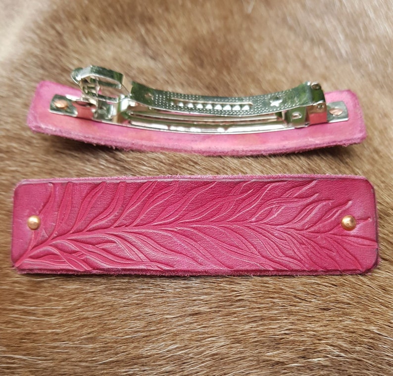 Leather HAIR CLIP Magenta Embossed Leaf Leaves Metal Clasp Original Artisan Hair Accessory Accessories Bohemia Czech Republic Leatherware