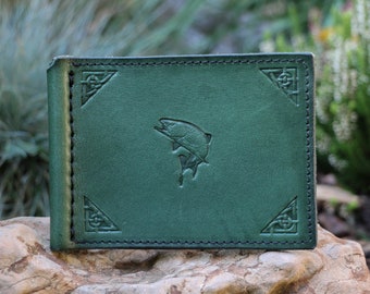 FISH, fish, leather wallet for FISHERMEN Green Dollar purse Fishermen Gift Trout Pike Fishing wallets Gifts Nature Wilderness
