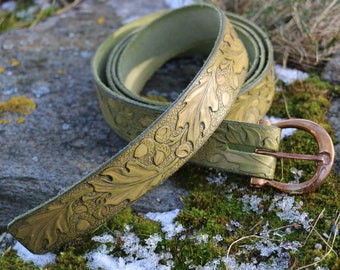 Handmade Embossed LEATHER BELT with BRONZE Buckle Oak Acorns Motif Green Real Genuine Leather Accessory for Discerning Gentleman Men&#39;s