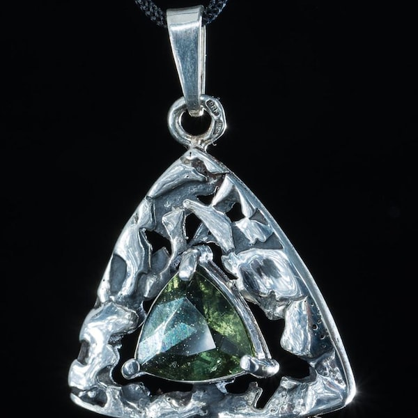 TRITON Czech Moldavite Silver Pendant Faceted Moldavites jewelry sterling Vltavin Necklace Jewel Tektite Green Glass Gem Gemstone Hand Made