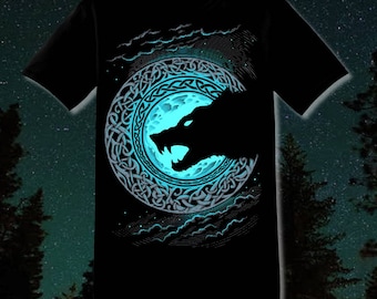 FENRIR Viking WOLF T-SHIRT Vikings Norse Pagan Howling Wolves Moon Geri Freki Asatru Mythology Moon Blue Black Tshirt Fashion Celtic Animal