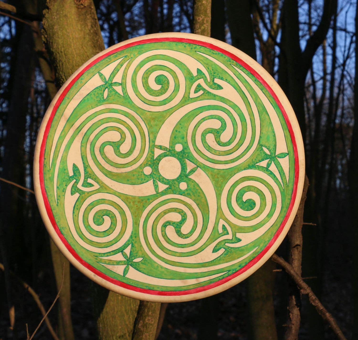 CELTIC FRAME DRUM Book of Kells Spirals Deer Hide Spruce Frame 40 cm Beater Shamanic Pagan Healing Sound Percussion