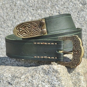 Green Leather VIKING BELT Reproduction of artefact from Gokstad NORWAY Re-enactors Living History Fittings Strap End Buckle Vikings