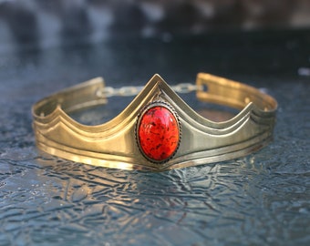 ROYAL CROWN with Red Czech Glass Tiara Gothic Medieval Princess Prince King Queen Emperor Brass Period Historical Larp Sca Fantasy Sca