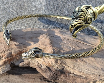 DRAIG Laiton DRAGON TORQUES Collier Torque Celtique Viking Bijou Bijoux Bijoux Tête De Dragon Têtes Fantaisie