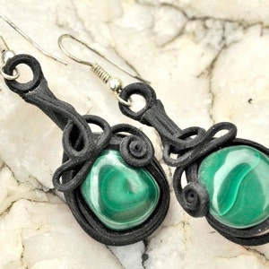 Beautiful Hand Made Earrings with Deep Green Malachite on Non Allergenic Hooks in Art Resin Ear Wire Malachit Artisan Jewelry Jewellery