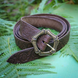 Albion Handmade Decorated Leather Belt with floral embossing Real Genuine Leather with buckle replica of buckle from England XVI Century