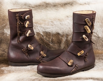 RASMUS Viking lederen schoenen met gewei knopen laarzen schoen Vikingen middeleeuwse lage middeleeuwen Noorse Re-enactment Pagan Sword Fighting Replica