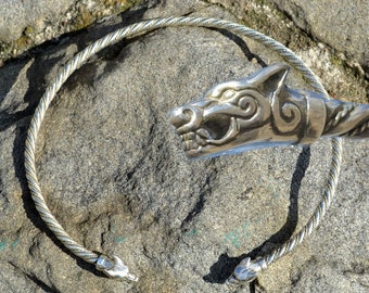 Sterling Silver WOLF TORC NECKLACE Torques Torq Viking Fenrir Fenri Wolves Head Heads Pagan Jewelry Norse Jewellery