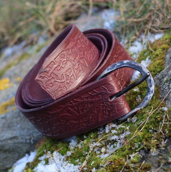 Handmade Embossed LEATHER BELT With Forged Buckle and Roots Motif