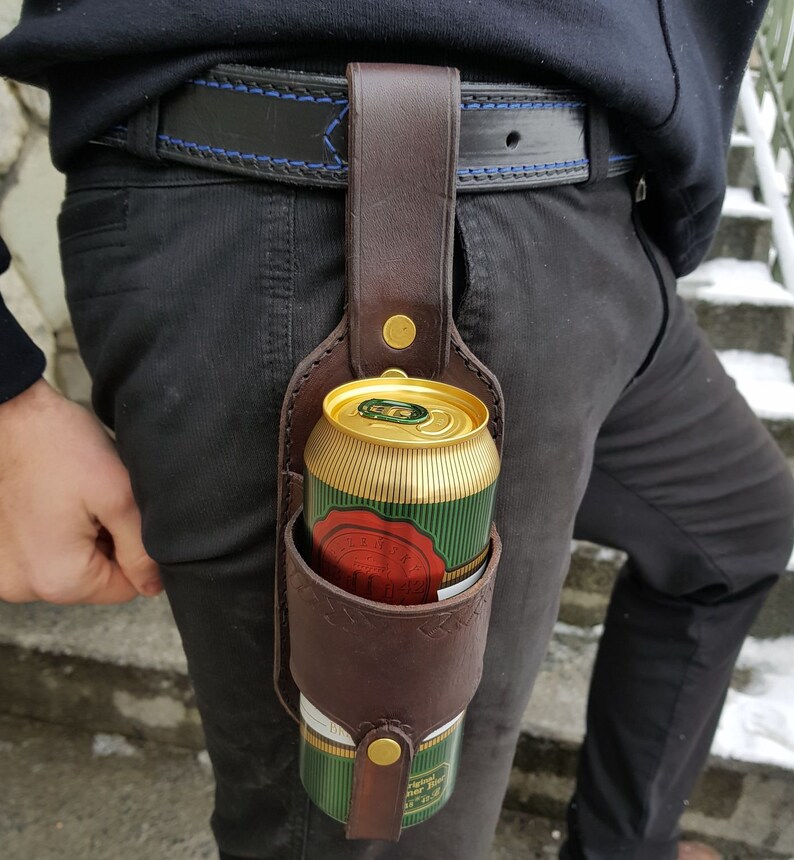 Leather DRINK HOLDER Holster for Belt Tin Can Bottle Brown Etsy
