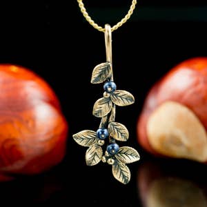 Blueberries PENDANT Bronze with Silver Charm Blue Swarovski jewelry Woodland Pagan Forest Nature natural Berry Berries Blueberry Leaves