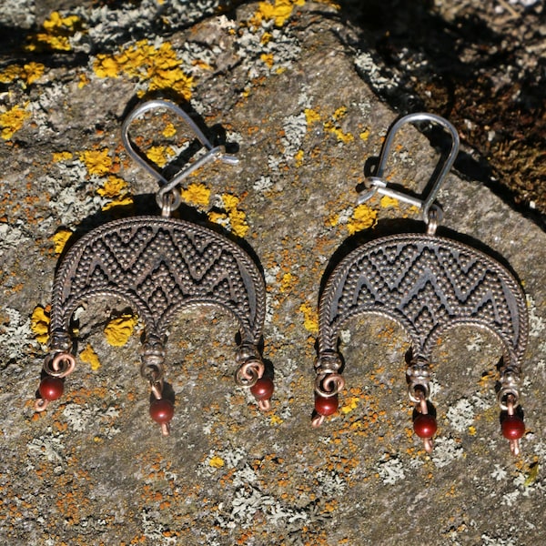 LUDMILA Bronze lunula earrings with Red Beads, dangle earrings inspired by norse jewelry and viking jewelry