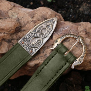 Viking Belt Borre Beast Green Leather with Bronze buckle with Animal Beast Head Design