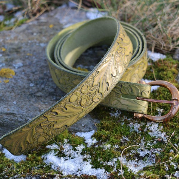 Green Leather Belt with Bronze Buckle - Oak & Acorn Motif
