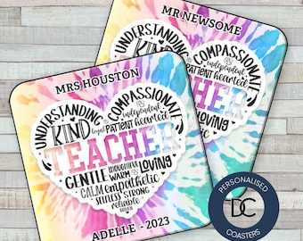 Preschool Teacher Appreciation Gift - Tie Dye Teacher Coaster - Childcare Teacher Gift - Teachers Assistant Gift - Personalised Coaster