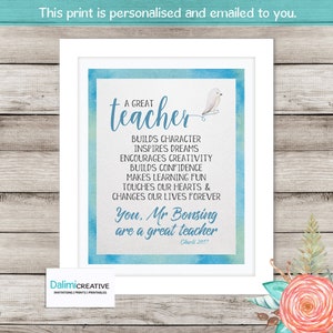 Teacher Appreciation Print End of Year Teachers Gift Personalised Teachers Gift A Great Teachers Gift Preschool Teachers Gift image 2