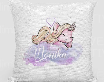 Purple Unicorn Sequin Cushion Cover. Personalised Cushion Cover - Name Pillow - Purple and Silver Sequins Unicorn Pillow!