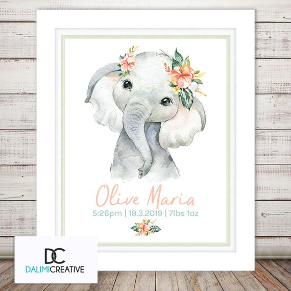 Elephant Nursery Print Nursery Decor Birth Stats Wall Art Baby Bedroom Art Floral Baby Bedroom Decor Personalised Art