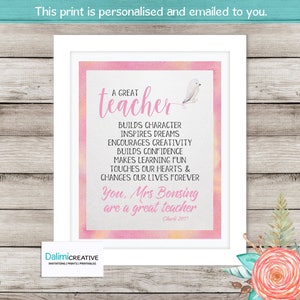 Teacher Appreciation Print End of Year Teachers Gift Personalised Teachers Gift A Great Teachers Gift Preschool Teachers Gift image 1