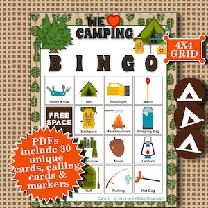 WE LOVE CAMPING 4x4 Bingo printable PDFs contain everything you need to play Bingo. image 1