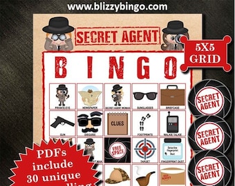 Secret Agent 5x5 Bingo printable PDFs with (30 JPG cards) contain everything you need to play Bingo.