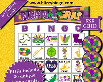 30 Mardi Gras 5x5 Bingo Cards |  Instant Download  |  PDFs for Easy Printing  |  Calling Cards and Markers Included