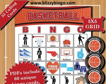 60 Basketball V2 5x5 Bingo Cards |  Instant Download  |  PDFs for Easy Printing  |  Calling Cards and Markers Included