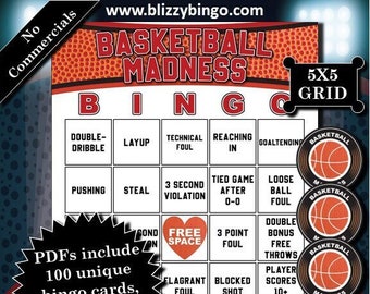 100 Basketball Madness 5x5 Bingo Cards (No Commercials)  |  Instant Download  |  PDFs for Easy Printing  |  Calling Cards & Markers Included