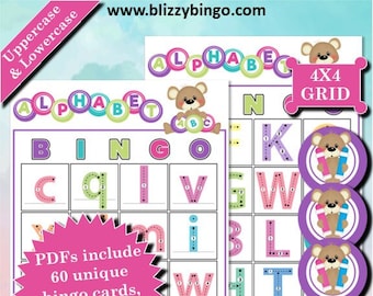 60 kart bingo z alfabetem 4x4 do prześledzenia | Natychmiastowe pobranie | Pliki PDF do łatwego drukowania | W zestawie wizytówki i markery