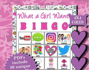 Ce que veut une fille (8 à 12 ans) Les PDF imprimables 4x4 Bingo contiennent tout ce dont vous avez besoin pour jouer au Bingo.