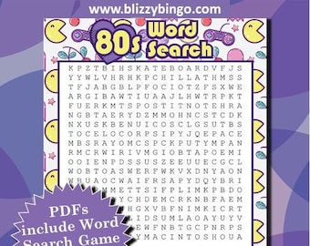 May include: A purple and pink printable 80s word search game with a Pac-Man theme. The game includes a grid of letters with words related to the 1980s hidden within. The words are listed below the grid, including "Walkman", "Rubik's Cube", "MTV", "Simon", "Post It", "Extraterrestrial", "Gameboy", "Glow Worm", "Inline Skates", "Macintosh", "Swatch", "VHS", "Yuppie", "Skateboard", "Moonwalk", and "Records".