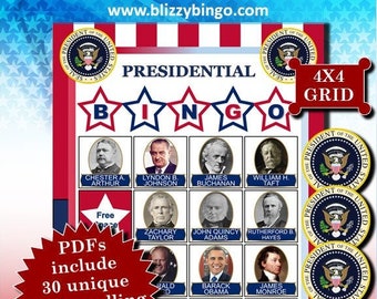 Presidential 4x4 Bingo printable PDFs contain everything you need to play Bingo.