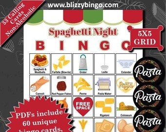 60 Spaghetti 5x5 Bingo Cards |  Instant Download  |  PDFs for Easy Printing  |  Calling Cards and Markers Included (Non-Alcoholic)