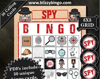 30 spion bingokaarten van 5 x 5 |  Direct downloaden |  Pdf's om eenvoudig af te drukken |  Inclusief visitekaartjes en markeringen