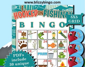 May include: A blue and green bingo card with the words "Hooked on Fishing" and "5x5 Grid". The card has 25 squares with different fishing-themed images, including a fishing net, a boot, a fish, a lantern, a flashlight, a frog, a campfire, a boat, and a fishing pole. The card is surrounded by a border of fish and water.
