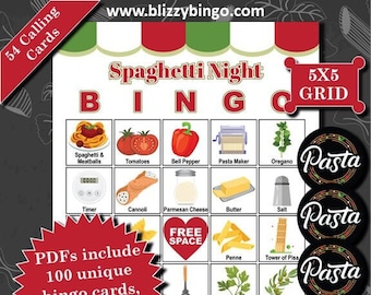 100 Spaghetti 5x5 Bingo Cards |  Instant Download  |  PDFs for Easy Printing  |  Calling Cards and Markers Included (Contains alcohol pics)