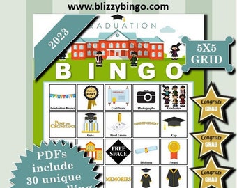 Carte Bingo 30 Graduation 2023 5x5 / Download istantaneo / PDF per una facile stampa / Biglietti telefonici e pennarelli inclusi