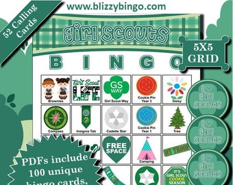 100 Girl Scouts 5x5 Bingo Cards |  Instant Download  |  PDFs for Easy Printing  |  Calling Cards and Markers Included